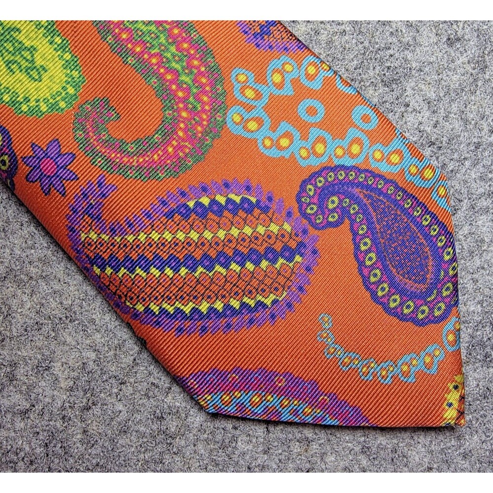 Peter Elliot Silk Tie - Orange Bright Neon Paisley Woven Short Skinny